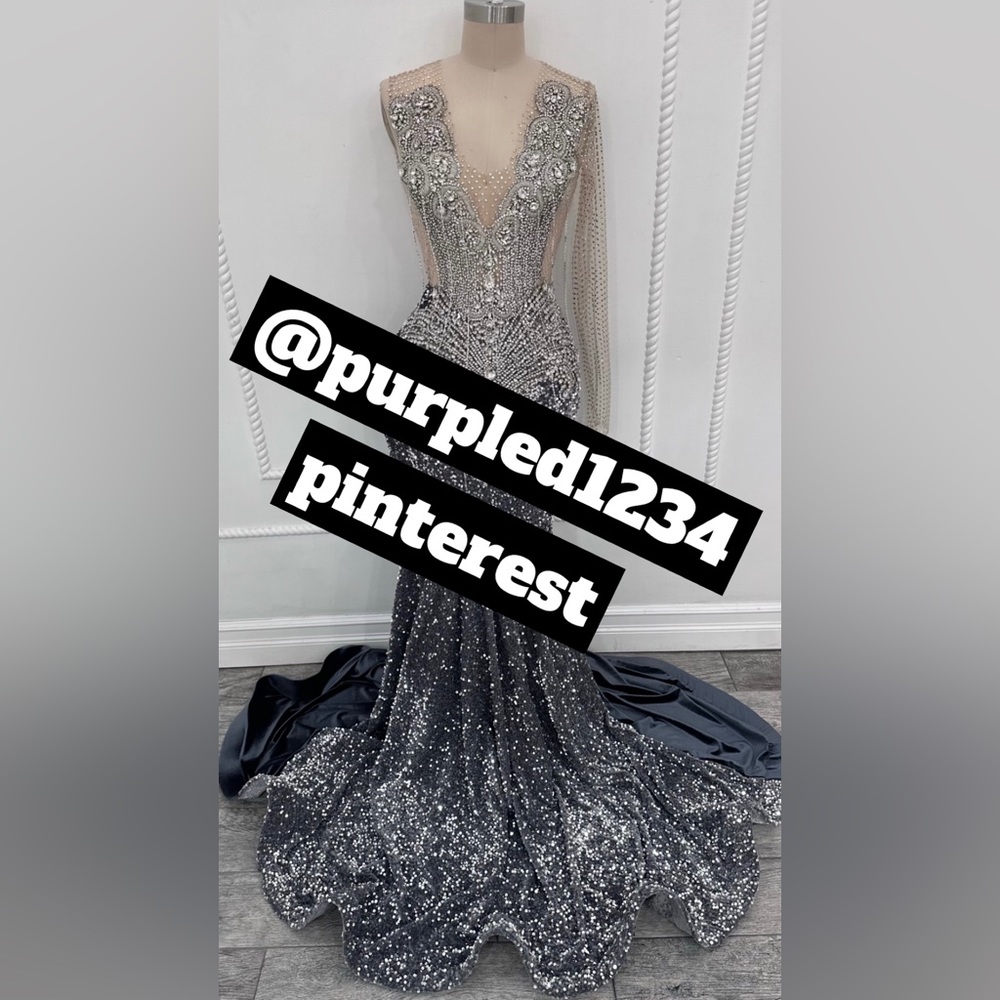 Silver Sequin Prom Dress with feathers